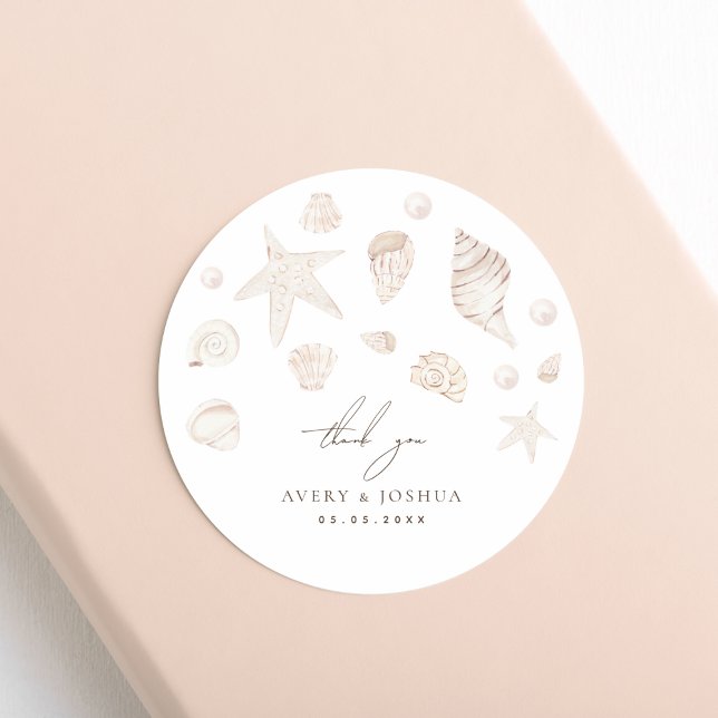 Seashells and Pearls Coastal Wedding Thank You Classic Round Sticker (Creator Uploaded)