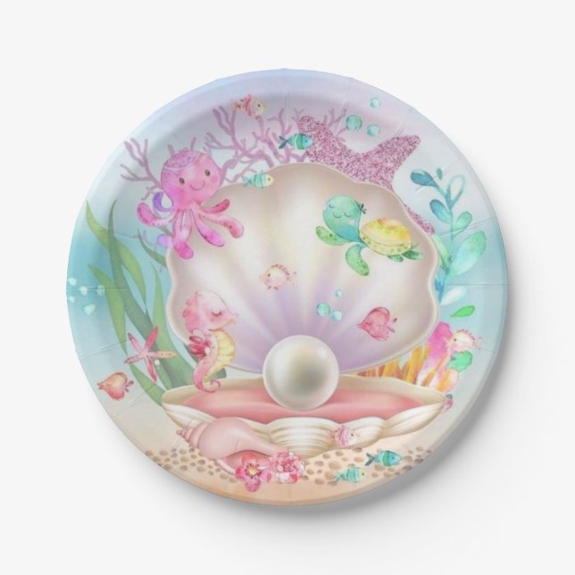 Seashells and Pearls Underwater Sea Party  Paper Plates (Front)