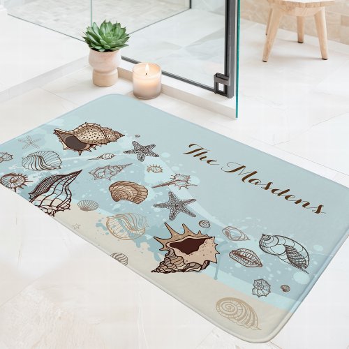 Seashells And Sand Coastal Beach Family Name Bath Mat