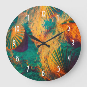 Seashells and Sand in Green and Orange Large Clock