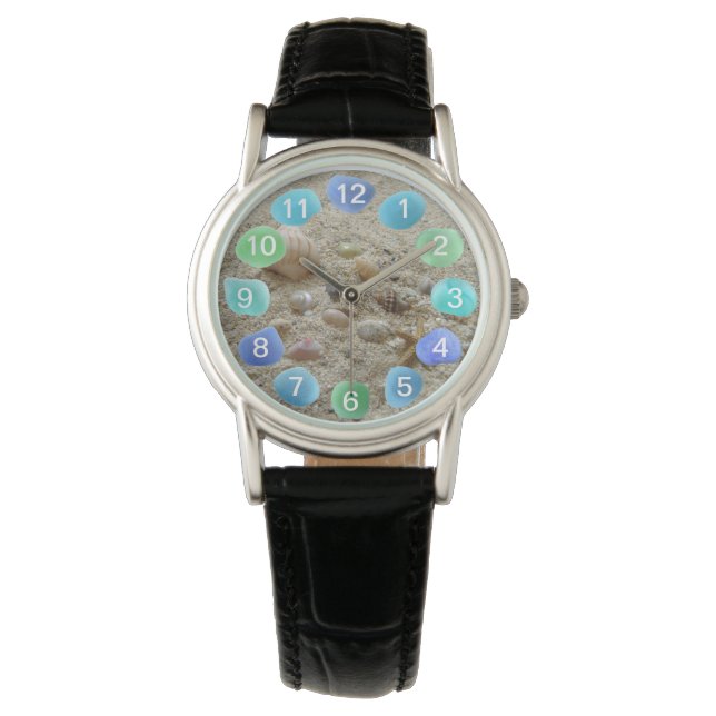 Seashells and Sea Glass on Beach Sand Watch (Front)