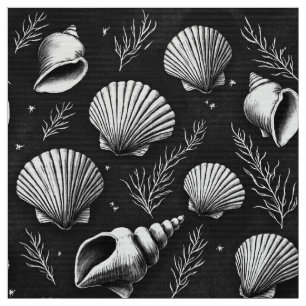 Seashells and Seaweed in Black and White  Fabric