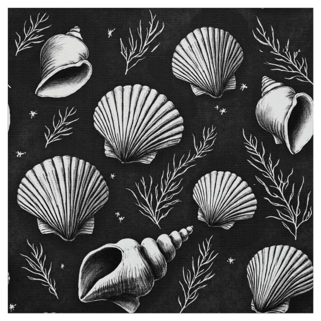 Seashells and Seaweed in Black and White  Fabric (Swatch)