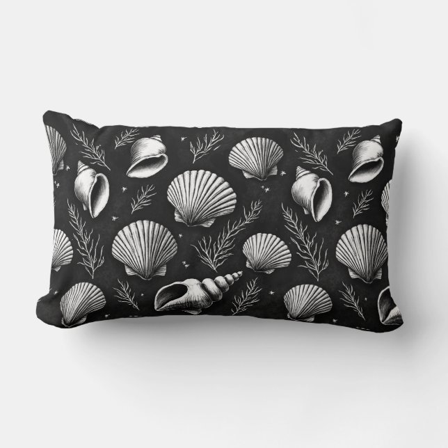 Seashells and Seaweed in Black and White  Lumbar Pillow (Front)