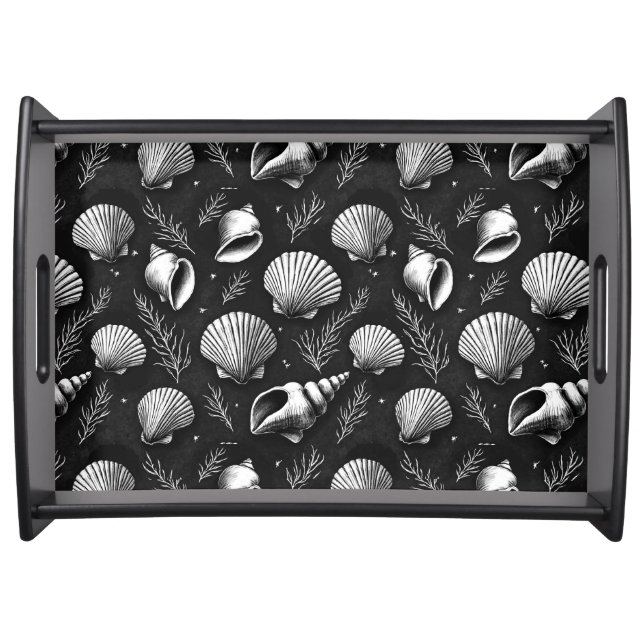 Seashells and Seaweed in Black and White  Serving Tray (Front)