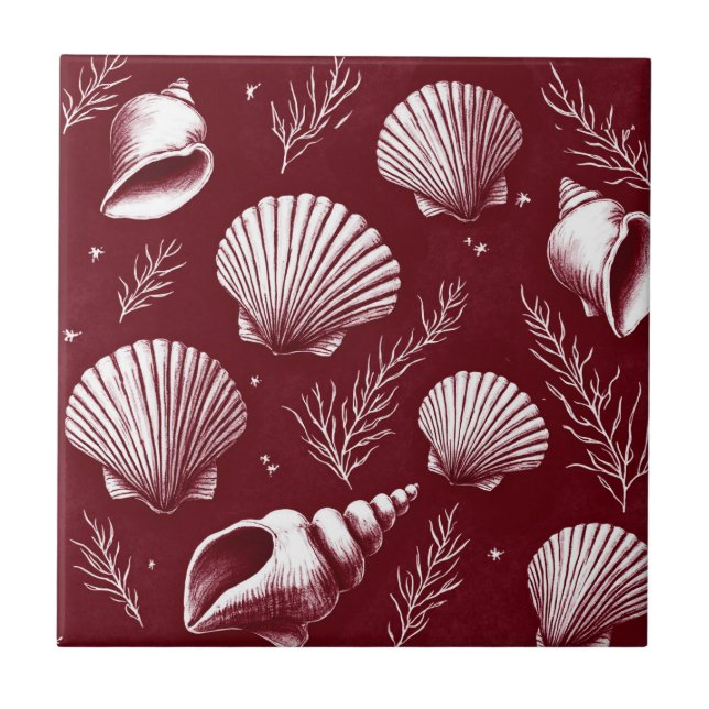 Seashells and Seaweed in Maroon and White  Ceramic Tile (Front)