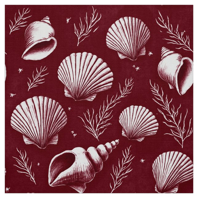 Seashells and Seaweed in Maroon and White  Fabric (Swatch)