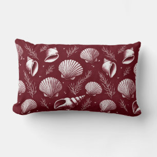 Seashells and Seaweed in Maroon and White Lumbar Pillow