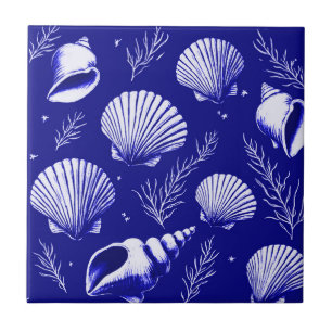 Seashells and Seaweed in Navy Blue and White  Ceramic Tile