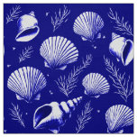 Seashells and Seaweed in Navy Blue and White  Fabric