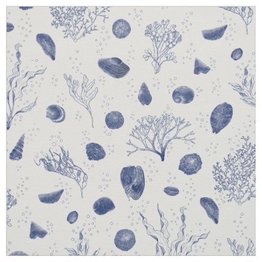 Seashells and Seaweed Navy and White Fabric