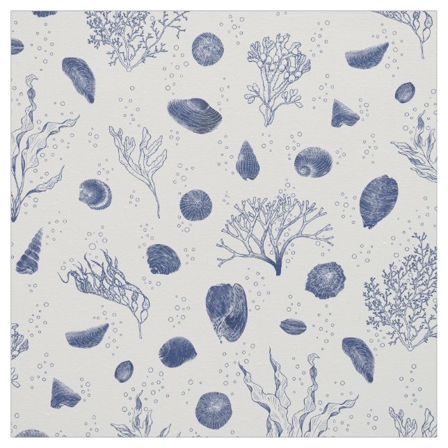 Seashells and Seaweed Navy and White Fabric (Swatch)