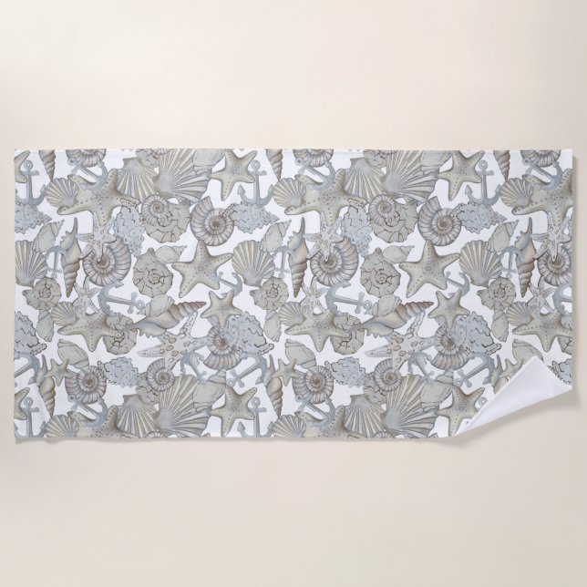 Seashells And Ship Anchor Treasure Hunt Fun Beach Towel (Front)