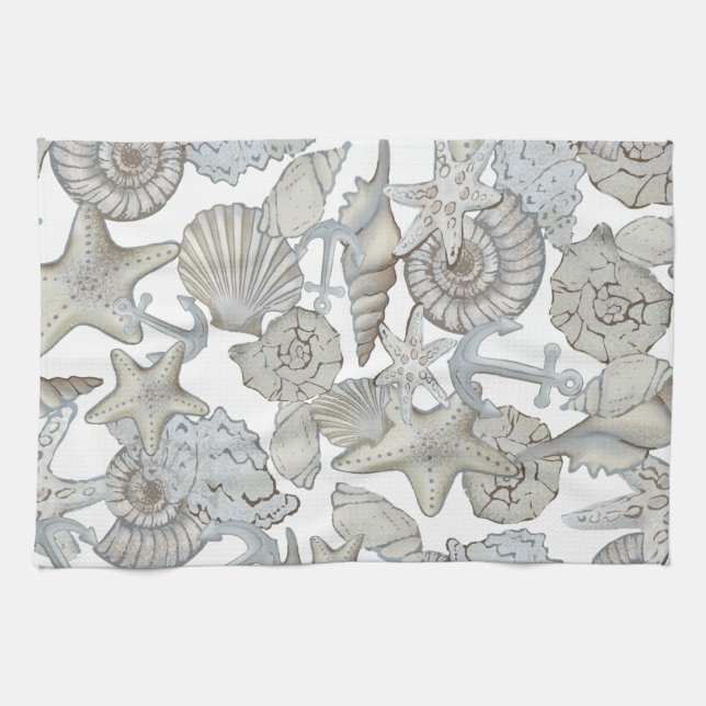 Seashells And Ship Anchor Treasure Hunt Fun Kitchen Towel (Horizontal)