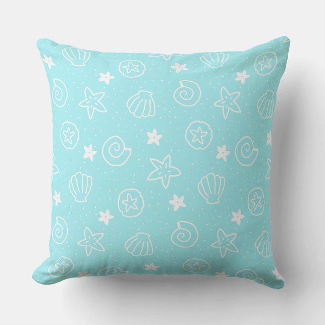 Seashells and Starfish Light Blue Pattern Outdoor Pillow (Front)