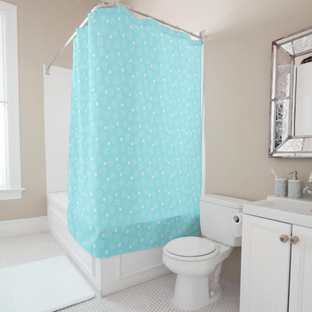 Seashells and Starfish Light Blue Pattern Shower Curtain (In Situ)