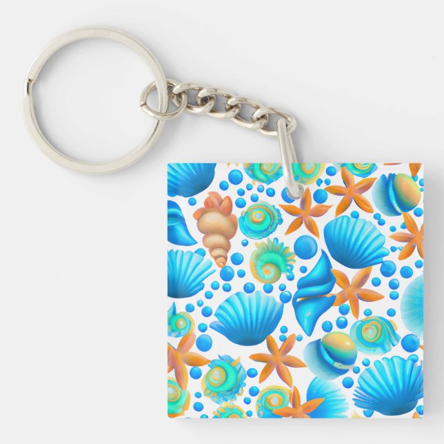 Seashells and Starfish Ocean Pattern  Keychain (Front)