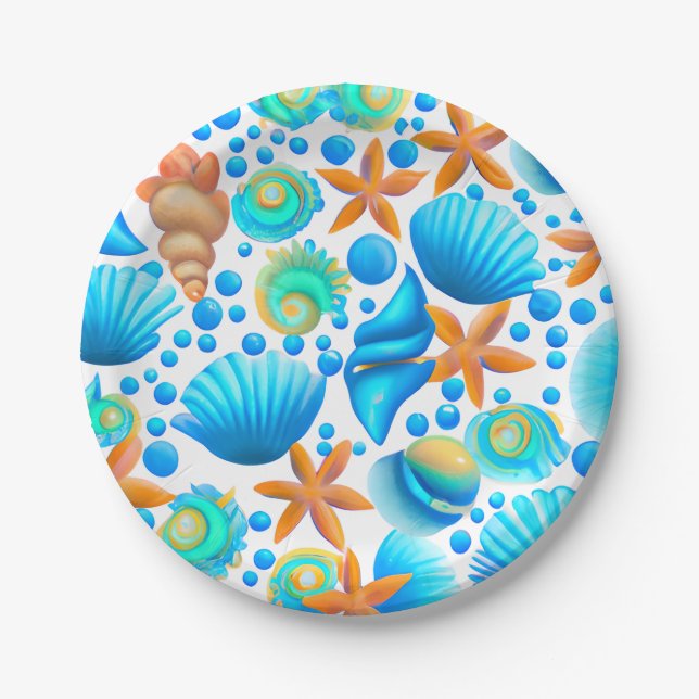 Seashells and Starfish Ocean Pattern  Paper Plates (Front)