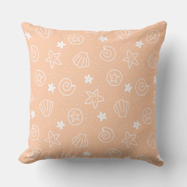 Seashells and Starfish Pastel Peach Pattern Outdoor Pillow (Front)