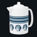 Seashells and stripes teapot<br><div class="desc">Nautical design with blue seashells and stripes decoration on white background</div>