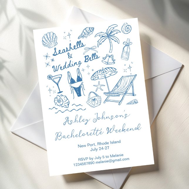 Seashells and wedding bells Bachelorette weekend Invitation (Seashells and wedding bells Bachelorette weekend party itinerary Invitation cards template)
