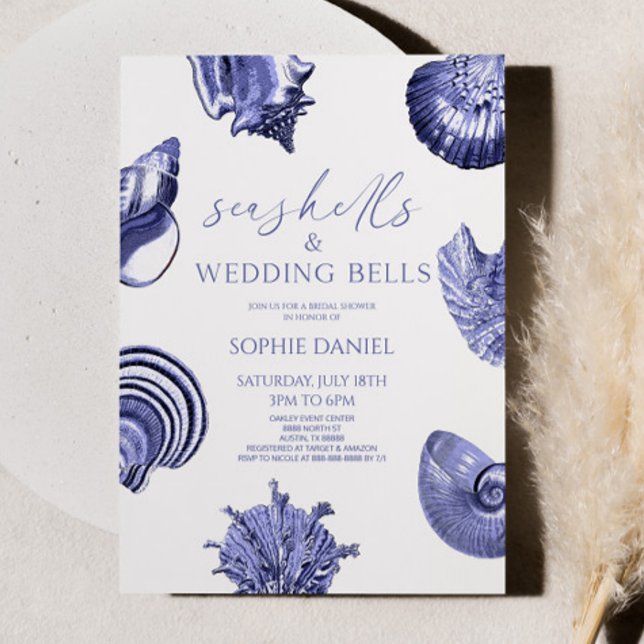 Seashells and Wedding Bells Blue Bridal Shower Invitation (Creator Uploaded)