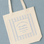 Seashells and Wedding Bells Bridal Shower Beach Tote Bag<br><div class="desc">This custom coastal bachelorette tote is the perfect welcome bag for your wedding weekend by the sea. Featuring a timeless blue and white pattern inspired by East Coast beach towns like Newport and Nantucket, it’s both practical and polished. The symmetrical border adds a touch of tailored charm, while the editable...</div>