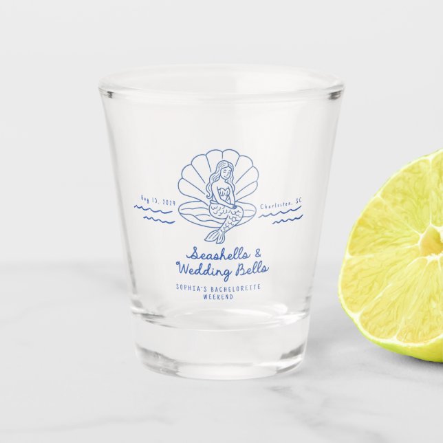 Seashells and Wedding Bells Coastal Bachelorette  Shot Glass (Front)