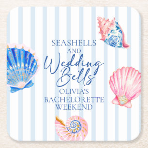 Seashells and Wedding Bells Coastal Bachelorette Square Paper Coaster