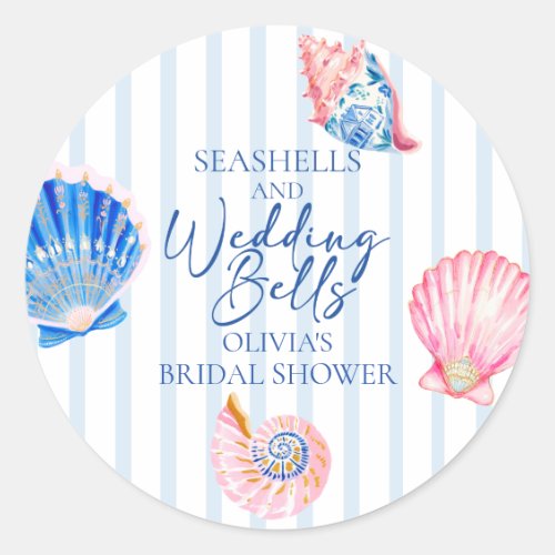 Seashells and Wedding Bells Coastal Bridal Shower Classic Round Sticker