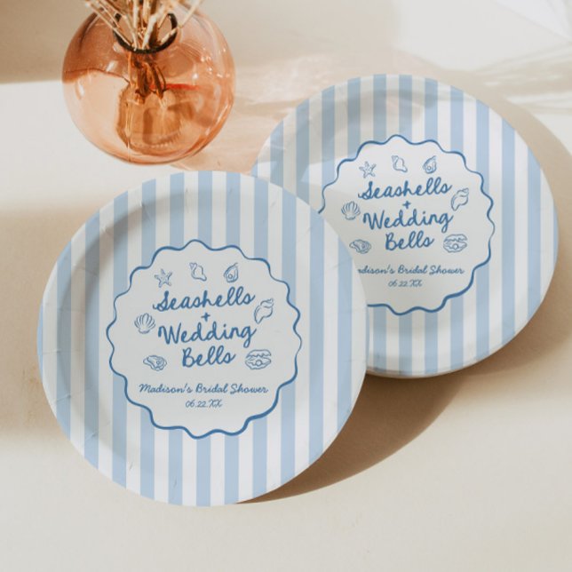 Seashells and Wedding Bells Coastal Bridal Shower Paper Plates (Creator Uploaded)