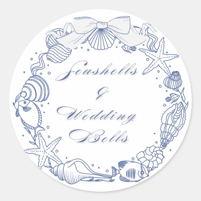 Seashells and Wedding Bells Design | Coastal Classic Round Sticker (Front)