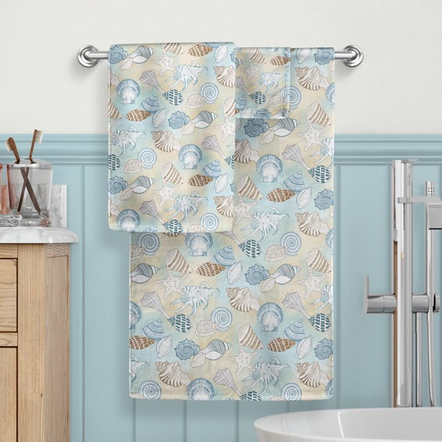 Seashells Aqua Blue Brown Beach Coastal Bath Towel Set (Creator Uploaded)