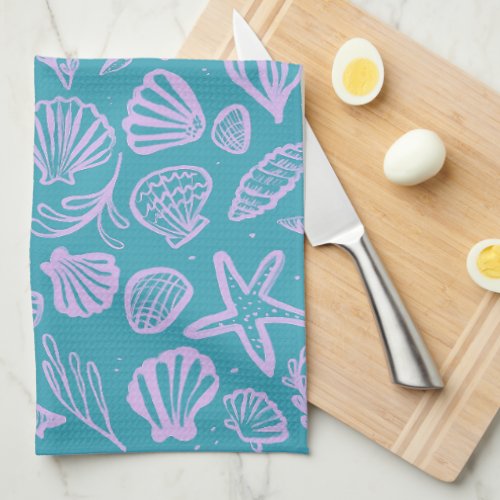 Seashells Aqua Lavender Pattern Beach Shells Chic  Kitchen Towel