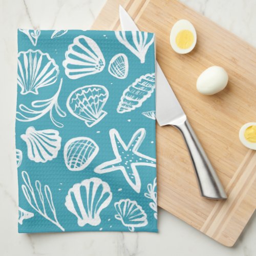Seashells Aqua  White Pattern Beach Shells Chic  Kitchen Towel