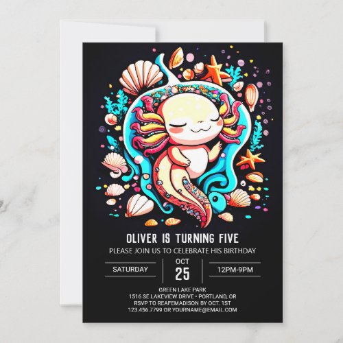 Seashells Axolotl Whimsical Birthday Invitation