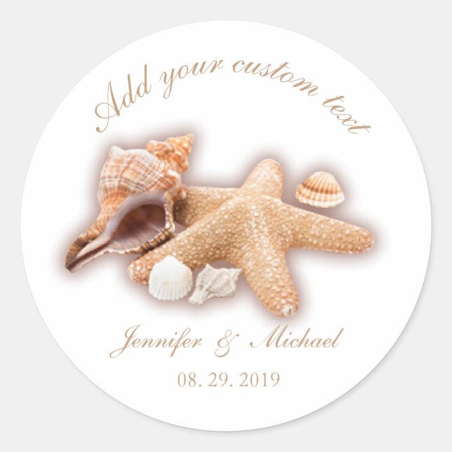 Seashells Beach Destination Wedding Custom Classic Round Sticker (Front)