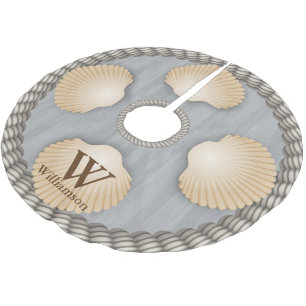 Seashells Beach Grey Planks White Ropes Monogram Brushed Polyester Tree Skirt