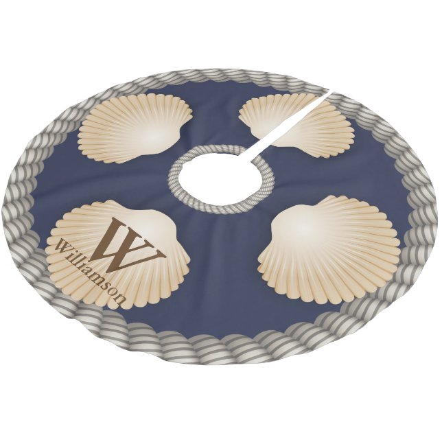 Seashells Beach Navy Blue & White Ropes Monogram Brushed Polyester Tree Skirt (Angled)
