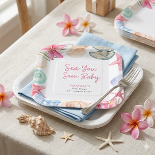 Seashells Beach Sea you soon Baby Shower Paper Plates