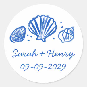 Seashells Beach Wedding Blue White CUSTOM  Classic Round Sticker