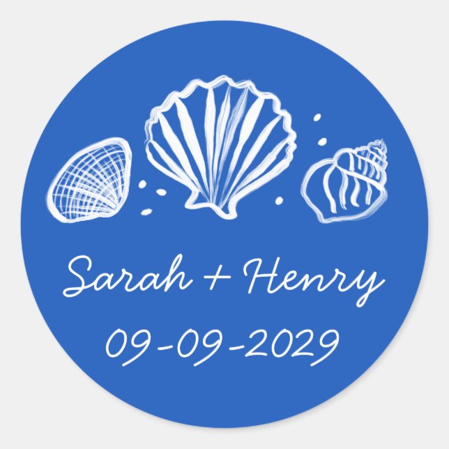 Seashells Beach Wedding Blue White CUSTOM  Classic Round Sticker (Front)