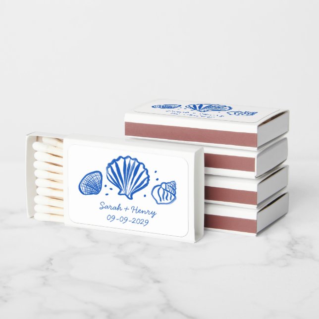 Seashells Beach Wedding Blue White CUSTOM Favors Matchboxes (Stacked)