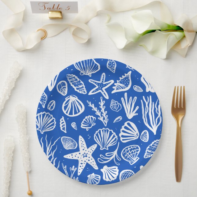 Seashells Beach Wedding Blue White Cute Seaside  Paper Plates (Wedding)