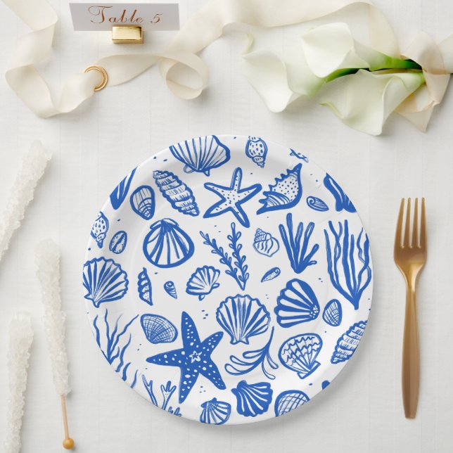 Seashells Beach Wedding Blue White Cute Seaside  Paper Plates (Wedding)
