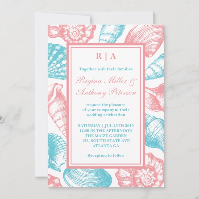Seashells Beach Wedding Invitation Pink Blue White (Front)