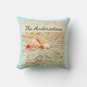 Seashells Beach wedding watercolor coral teal blue Throw Pillow
