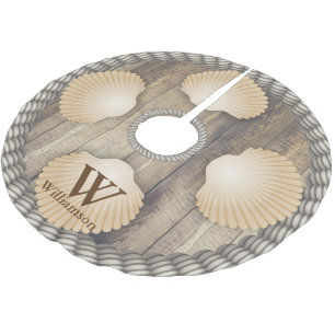 Seashells Beach Wooden Planks White Ropes Monogram Brushed Polyester Tree Skirt