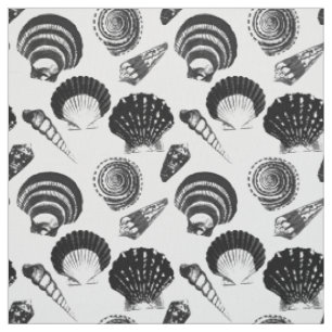 Seashells - black and white on a white background fabric