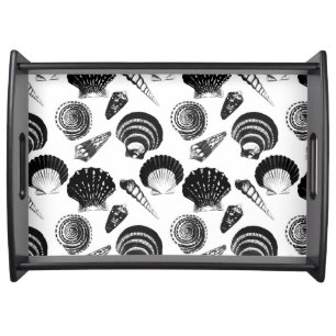 Seashells - black and white on a white background serving tray